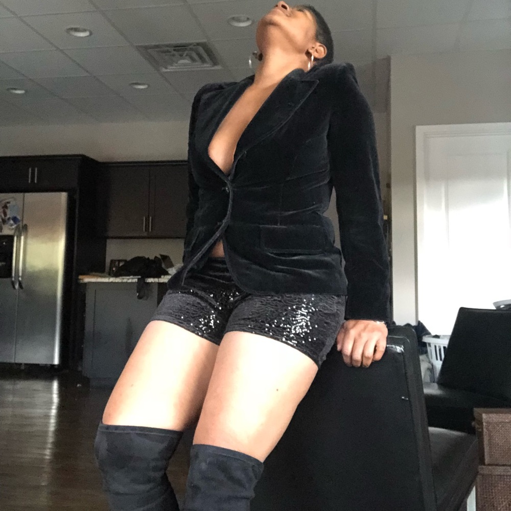 Sequins shorts + velvet blazer (or, tuxedo blazer)